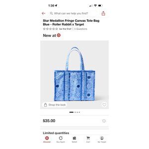 Roller Rabbit Target Star Medallion Fringe Canvas Tote Bag Blue NWT IN HAND